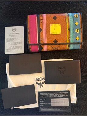 MCM Visetos Multicolor Stripe Wallet Gold Plate Studded Leather Authentic